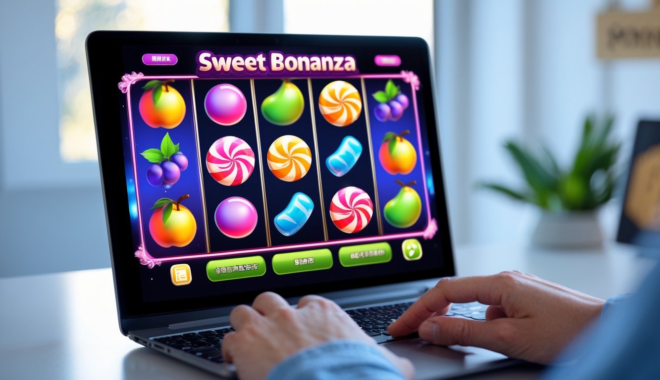 Seseorang bermain game slot Sweet Bonanza di komputer atau ponsel di lingkungan yang rapi dan terang.