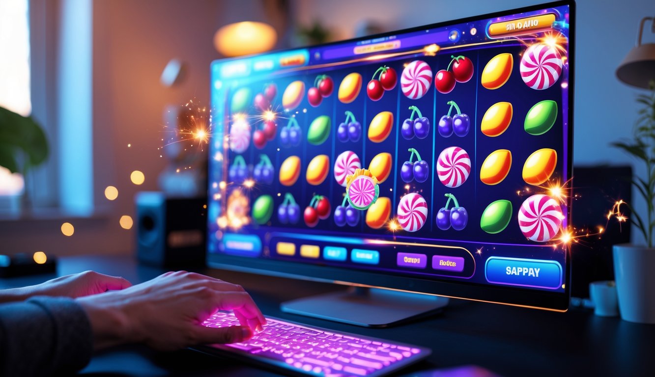 Layar komputer menampilkan permainan slot online dengan simbol buah dan permen, di sebuah ruang kerja yang rapi dan nyaman.