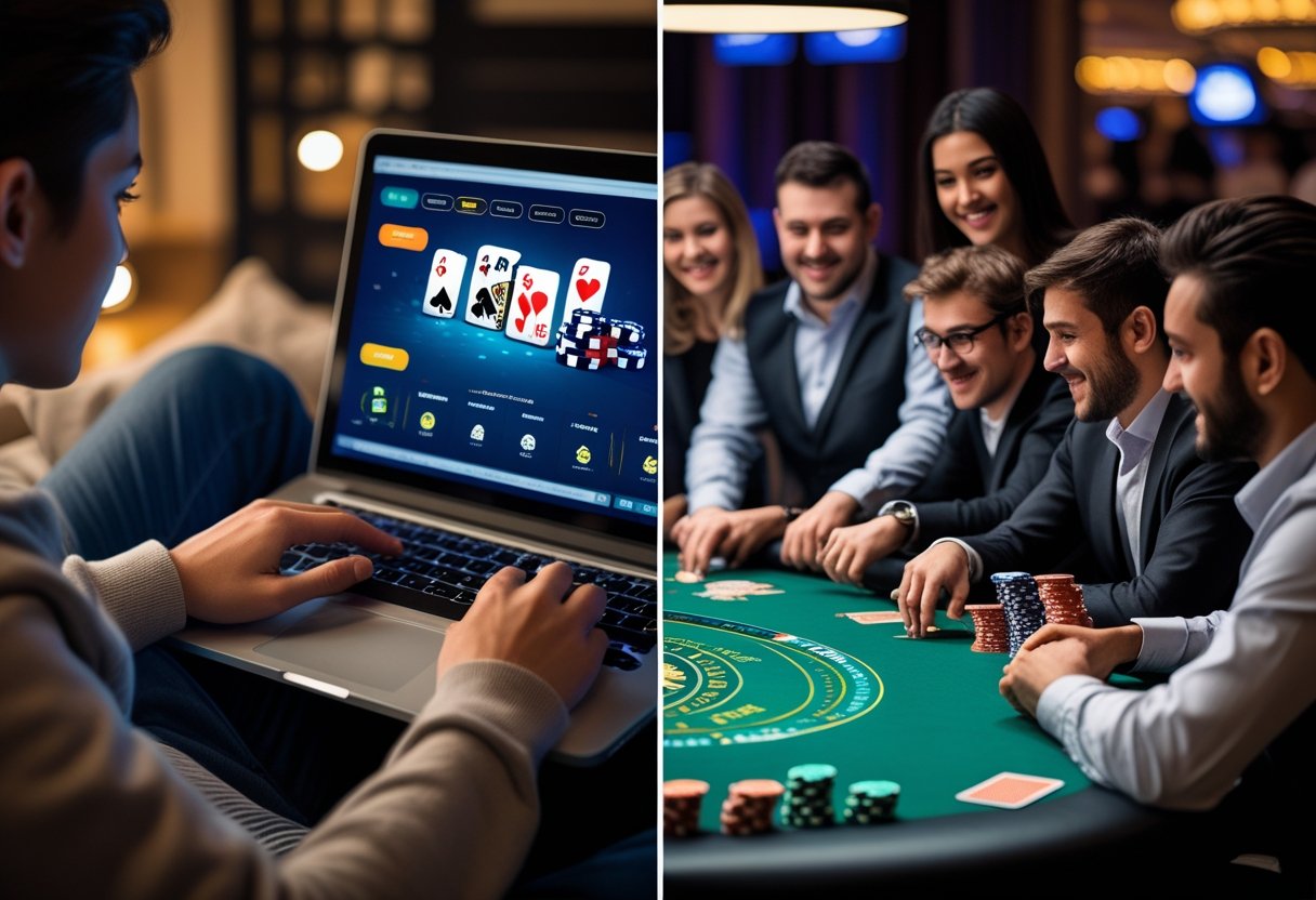 Split image showing a person playing online poker on a laptop at home and a group of people playing live poker around a casino table.