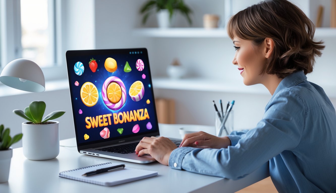 Seseorang duduk di meja dengan laptop yang menampilkan permainan slot online berwarna-warni, di ruang kerja yang terang dan rapi.