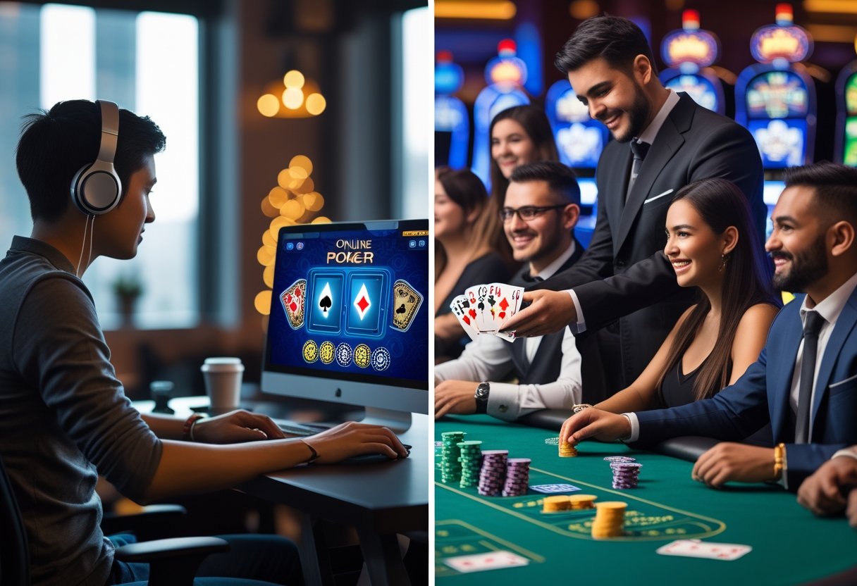 Split image showing a person playing poker on a laptop at home and a group of people playing poker at a casino table with a dealer.