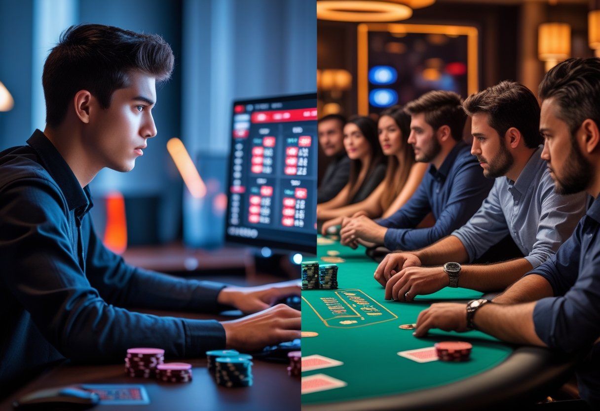 A split scene showing a man playing online poker on a computer and a group of people playing live poker around a casino table.
