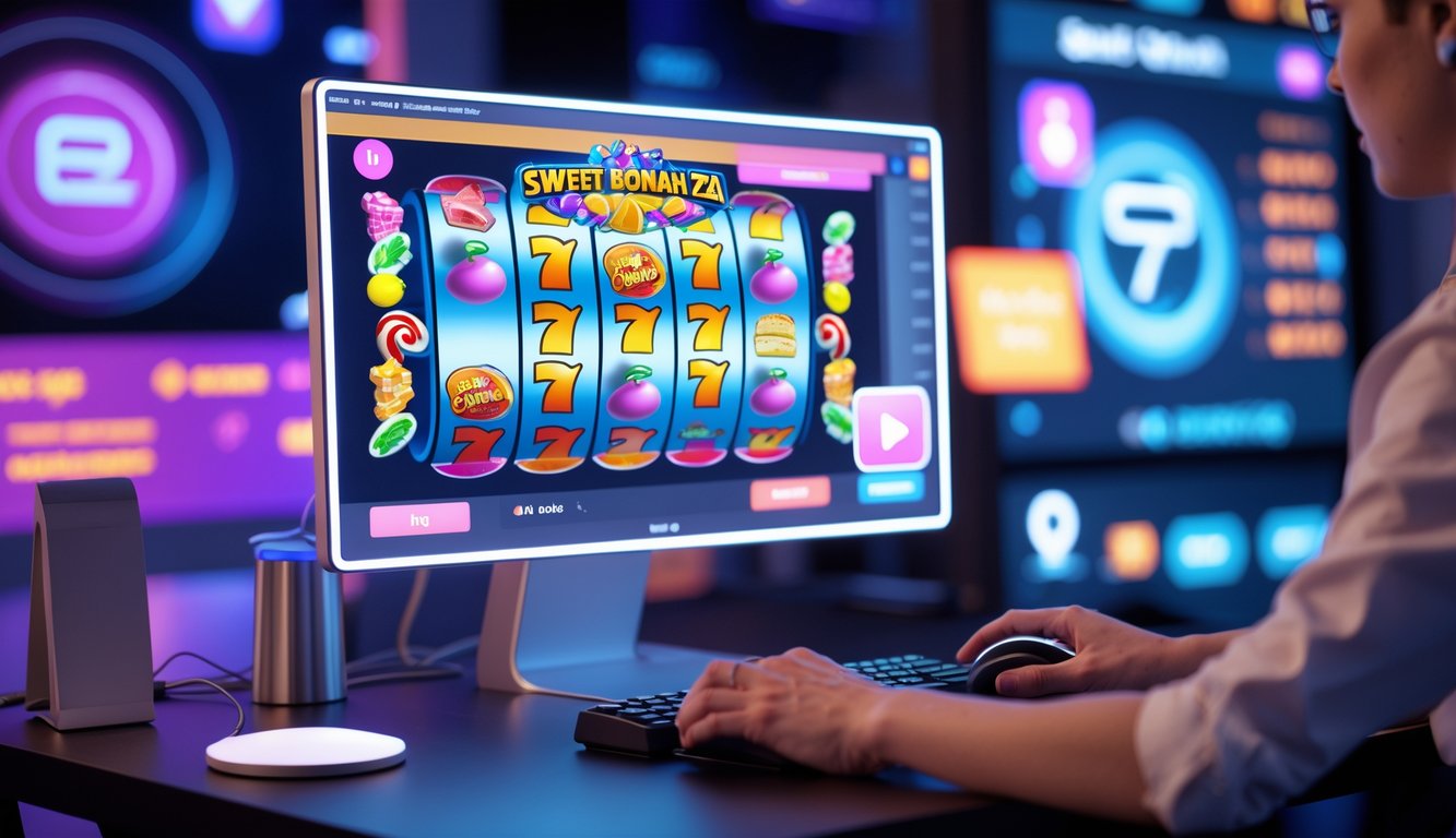 Tangan seseorang sedang bermain permainan slot bertema permen di depan komputer dengan latar belakang simbol pembayaran cepat dan transaksi aman.