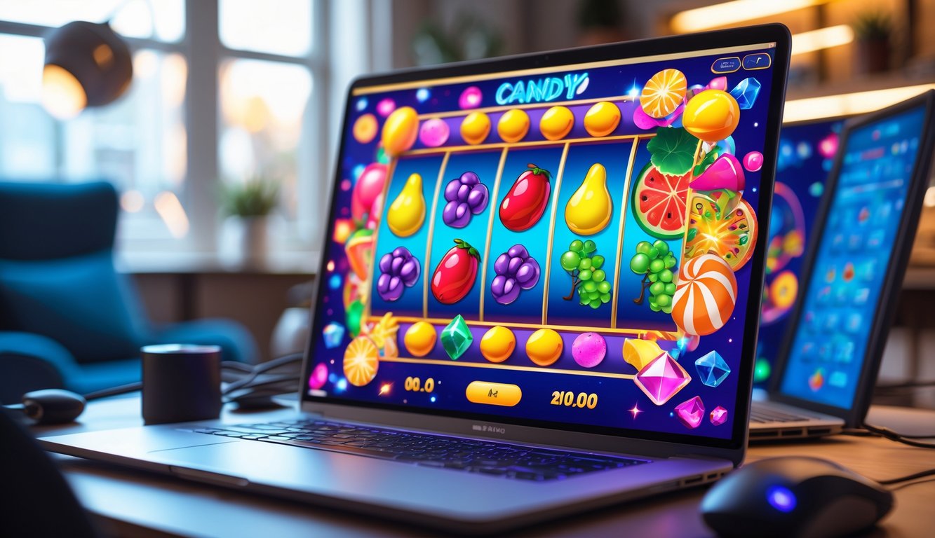 Seseorang sedang bermain permainan slot bertema permen dan buah-buahan di komputer di ruang kerja yang nyaman.