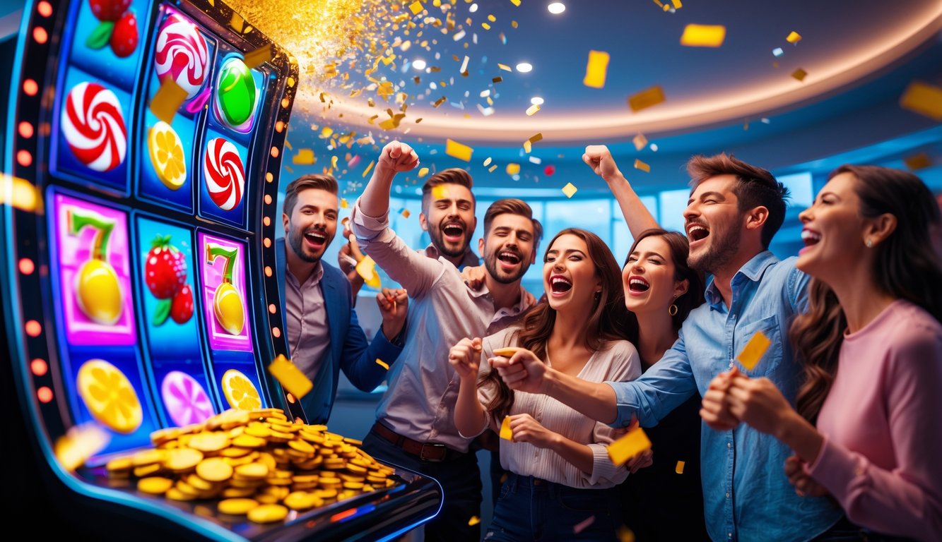 Orang-orang merayakan kemenangan besar pada permainan slot Sweet Bonanza online dengan koin emas dan konfeti di sekitar layar permainan.