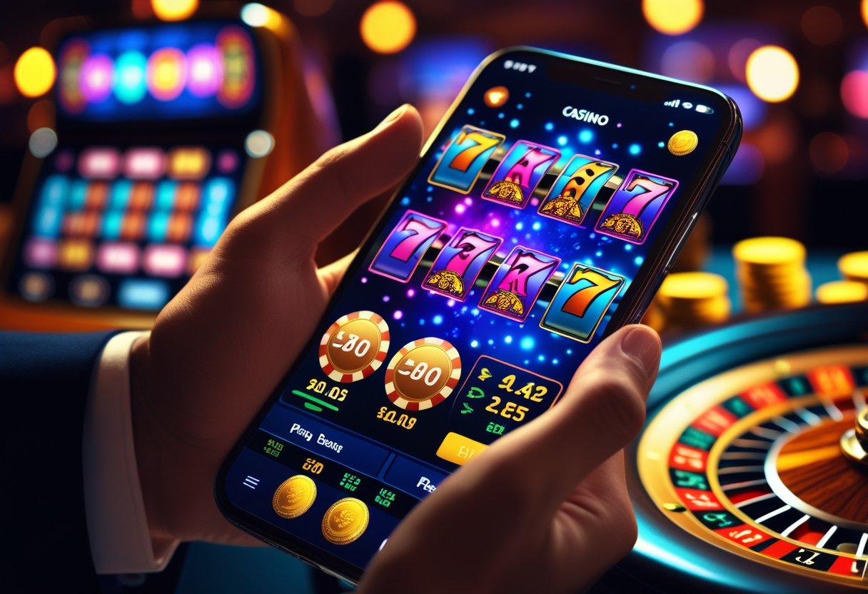 A person holding a smartphone showing a colorful casino app with slot machine reels, with casino chips and a roulette wheel in the blurred background.