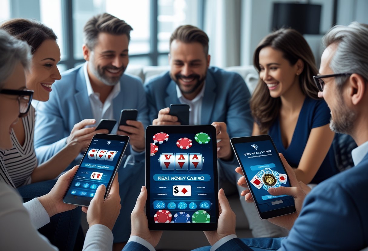 People using smartphones and tablets to play casino games in a modern living room setting.