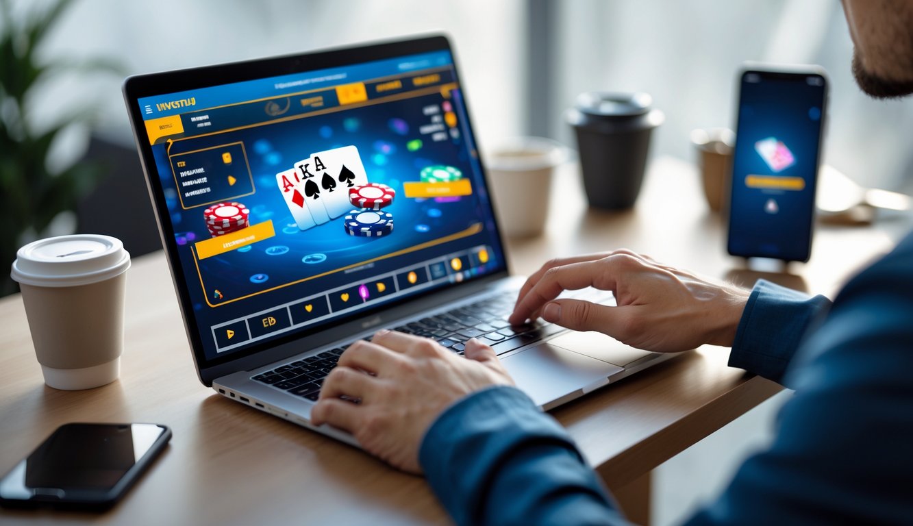 Seorang pemain poker menggunakan laptop dengan chip poker dan kartu terlihat di layar komputer.