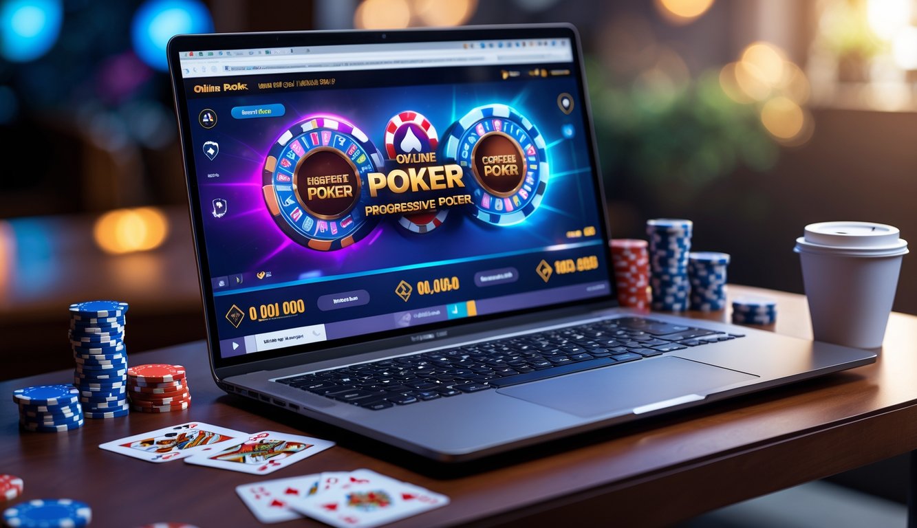 Seorang pemain poker online menggunakan laptop dengan chip poker dan kartu di meja kayu.