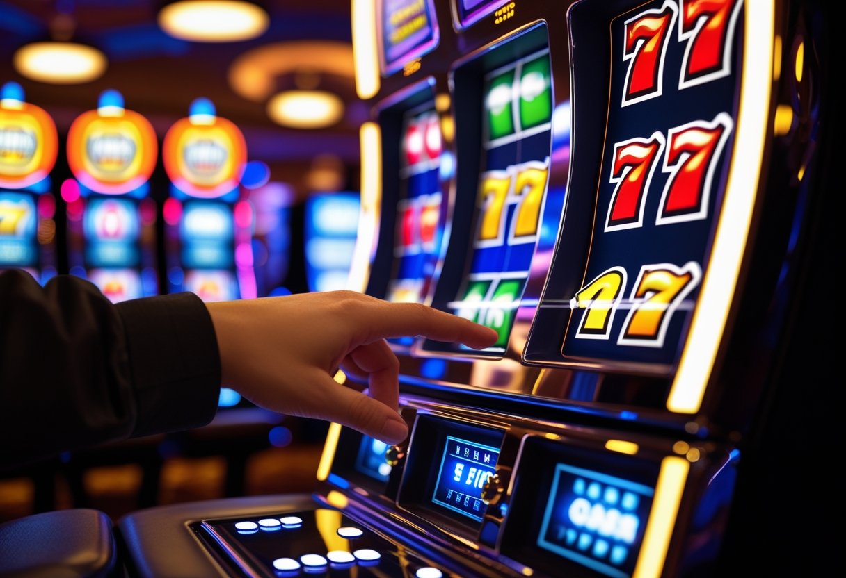 Close-up of a slot machine with spinning reels and a hand pressing the spin button in a casino.