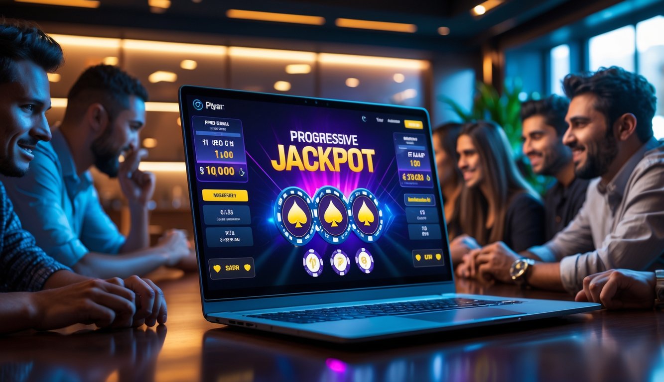 Seorang pemain poker online sedang bermain di depan layar komputer dengan tumpukan chip dan kartu poker, menampilkan suasana permainan dengan jackpot besar.