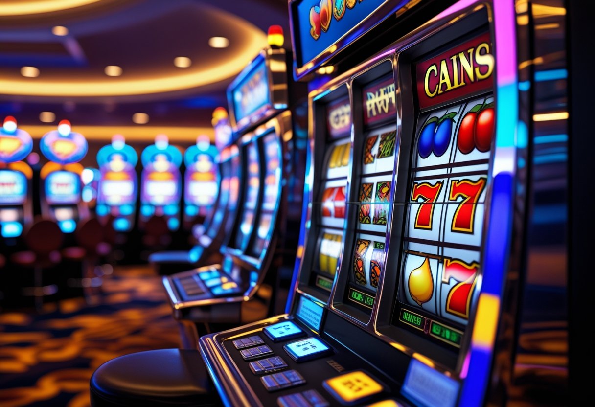 Close-up of a slot machine spinning its reels in a casino with colorful lights and abstract graphics representing fluctuations around it.