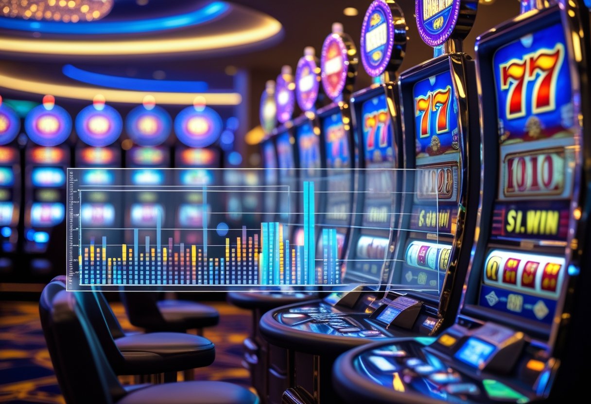 A row of slot machines in a casino with a transparent chart overlay showing different volatility levels.