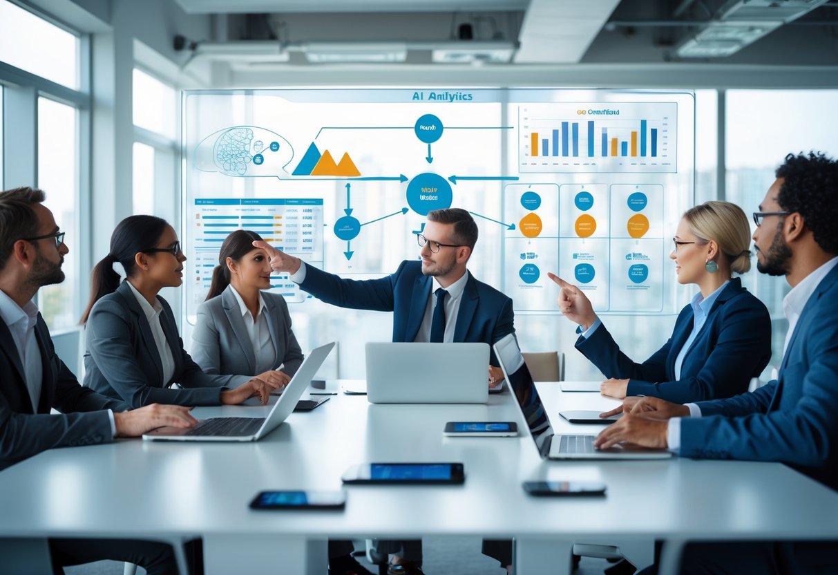 Des professionnels en réunion autour d'une table de conférence analysant des données sur des écrans pour prendre une décision importante.