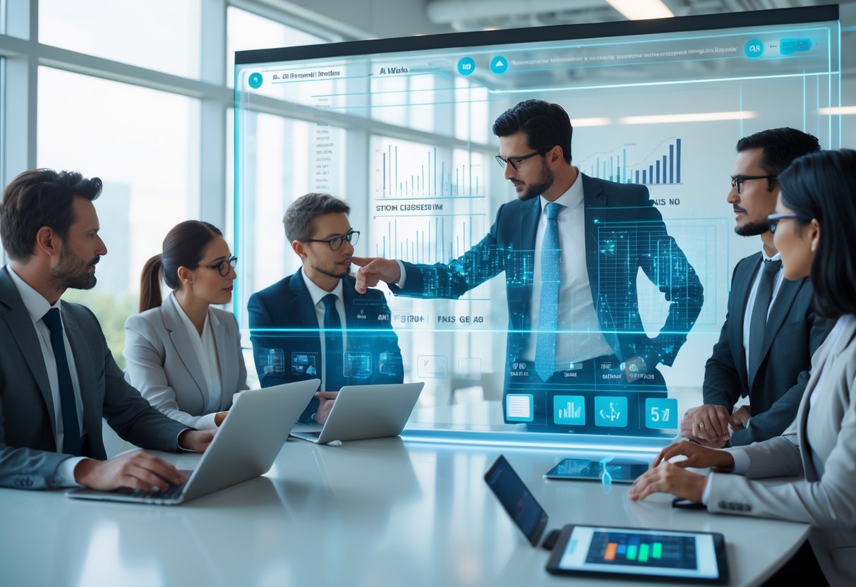 Un groupe de professionnels en réunion autour d'une table, utilisant des appareils numériques et un écran affichant des graphiques pour prendre une décision Go ou No Go.