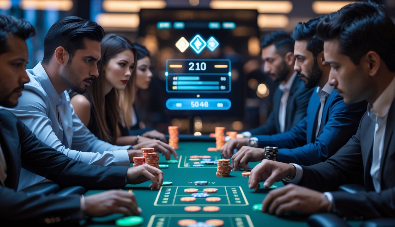 Beberapa pemain poker serius duduk mengelilingi meja poker modern dengan elemen digital, fokus pada permainan poker progresif online.