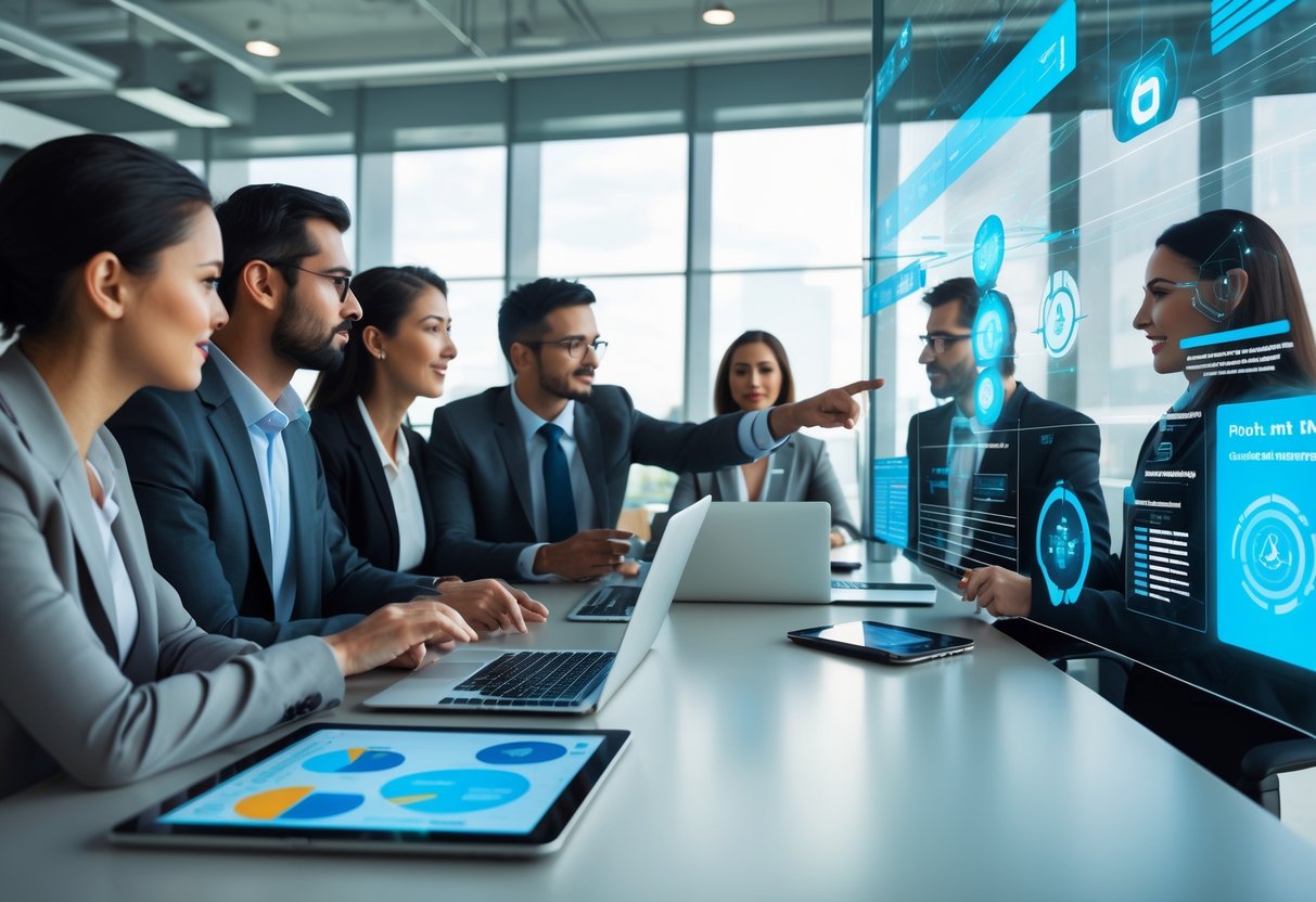 Des professionnels en réunion autour d'une table de conférence avec des appareils numériques affichant des données, discutant d'une prise de décision assistée par intelligence artificielle.