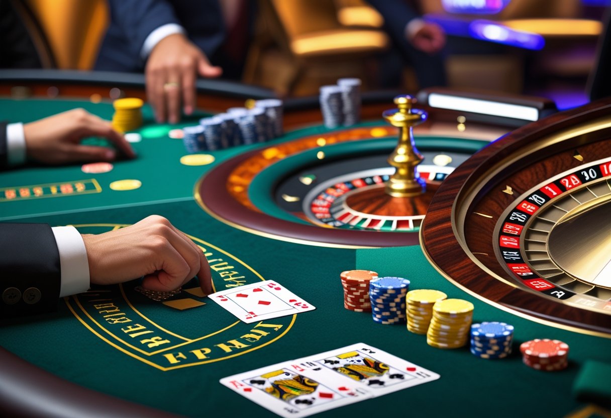 A casino game room showing poker, roulette, blackjack, and craps tables with chips, cards, and dice.
