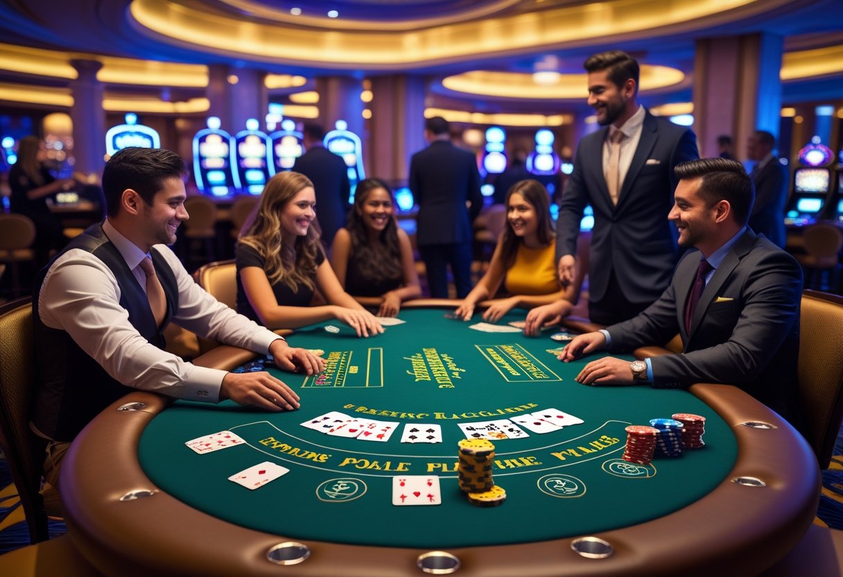 A group of people playing blackjack at a casino table with cards and poker chips, with other table games visible in the background.