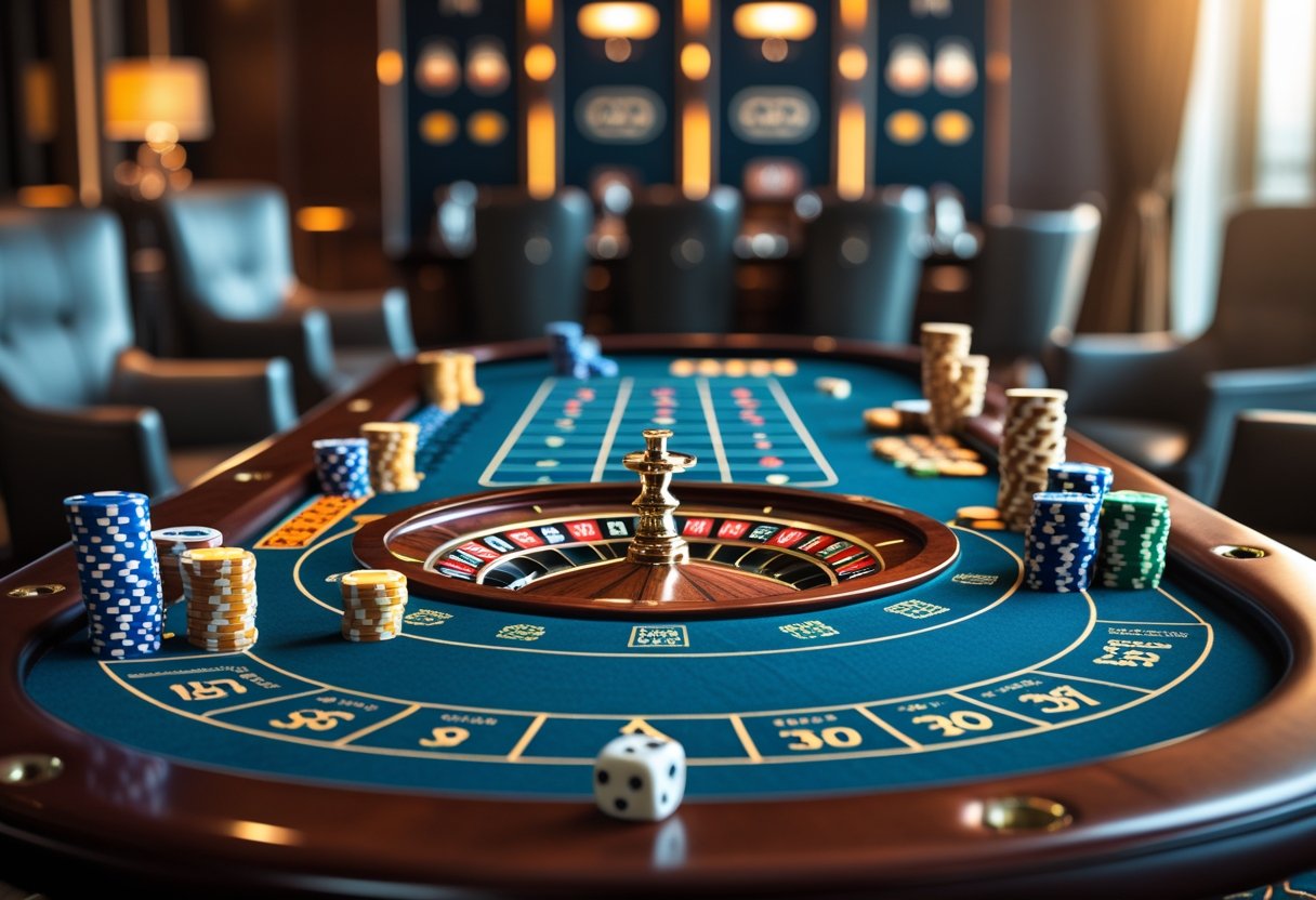 A gaming table with poker chips, cards, a roulette wheel, and dice in a stylish room.