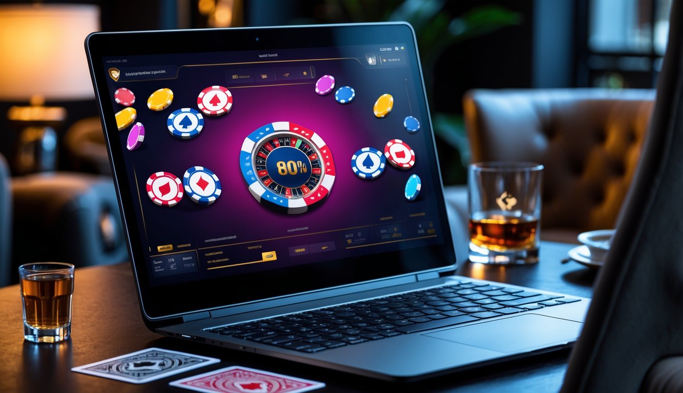 Seseorang sedang bermain poker online di depan komputer dengan chip poker dan kartu bermain di layar.