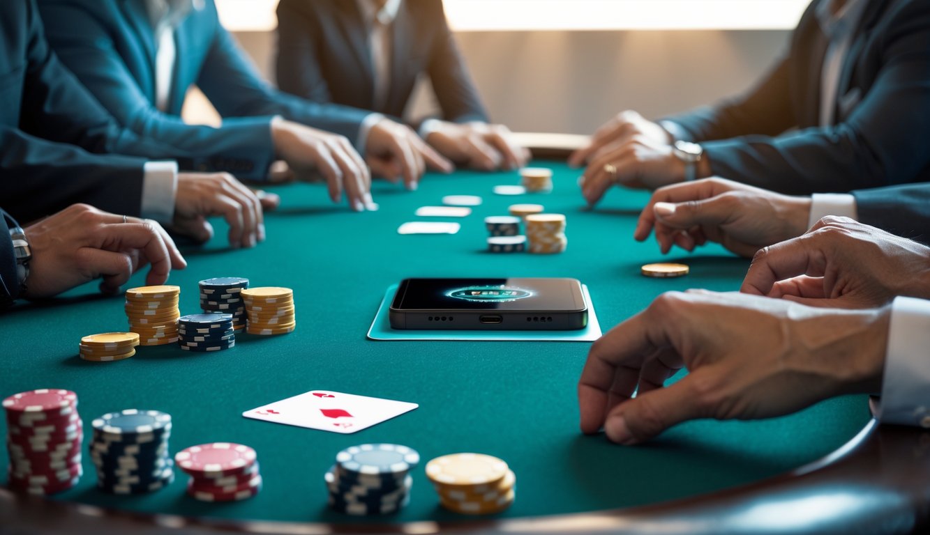 Meja poker dengan chip dan kartu, pemain yang sedang bermain, serta perangkat digital yang menunjukkan transaksi poker online.