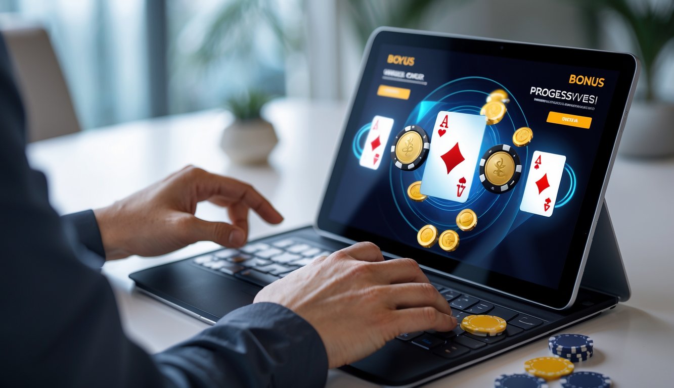 Seseorang bermain poker online di perangkat digital dengan chip poker dan kartu terlihat di layar.