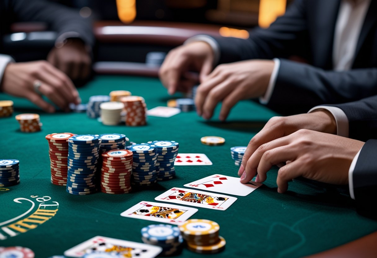 Close-up view of a Texas hold’em poker game with poker chips and playing cards on a green felt table and players’ hands holding cards.