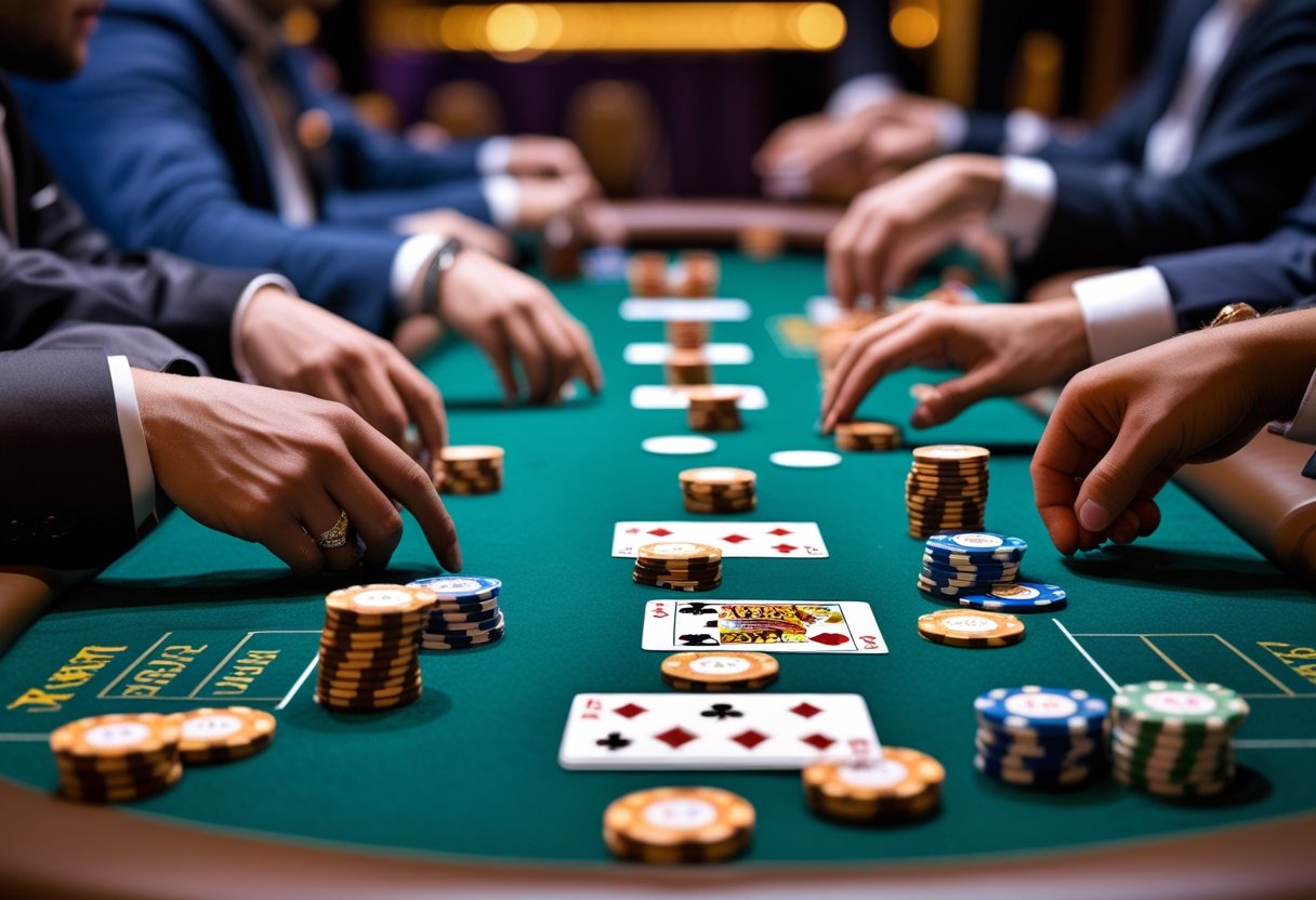 Close-up of a Texas Hold'em poker table with cards, poker chips, and players' hands engaged in the game.