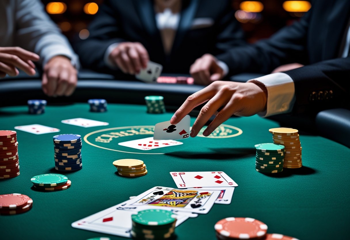 A poker table with playing cards and chips during a Texas Hold’em game, with players in the background.