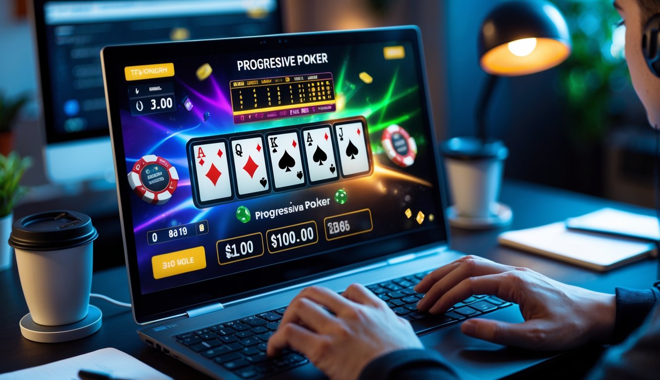 Seseorang bermain poker online di depan komputer dengan tampilan permainan poker dan chip di layar.