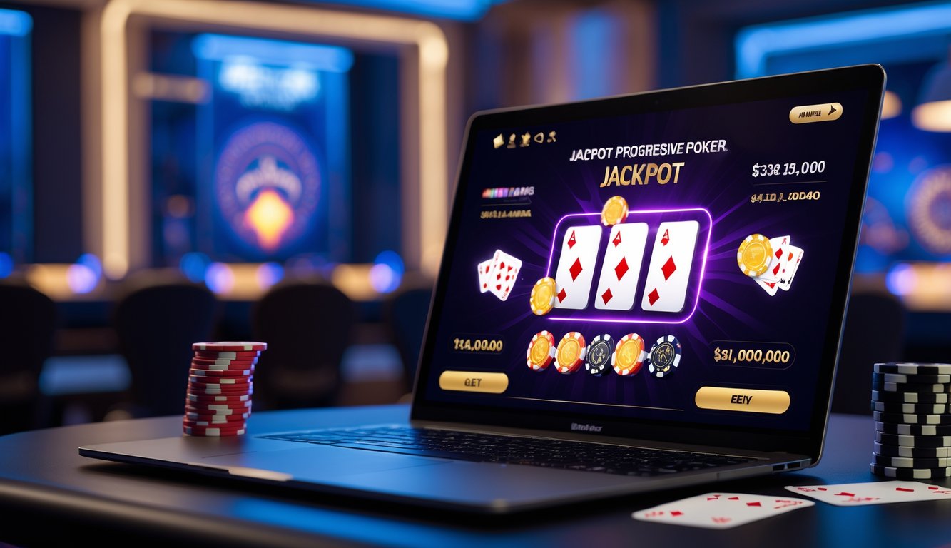 Seorang pemain poker online sedang bermain di depan layar komputer dengan chip poker dan kartu di meja, suasana ruangan seperti kasino dengan pencahayaan redup.