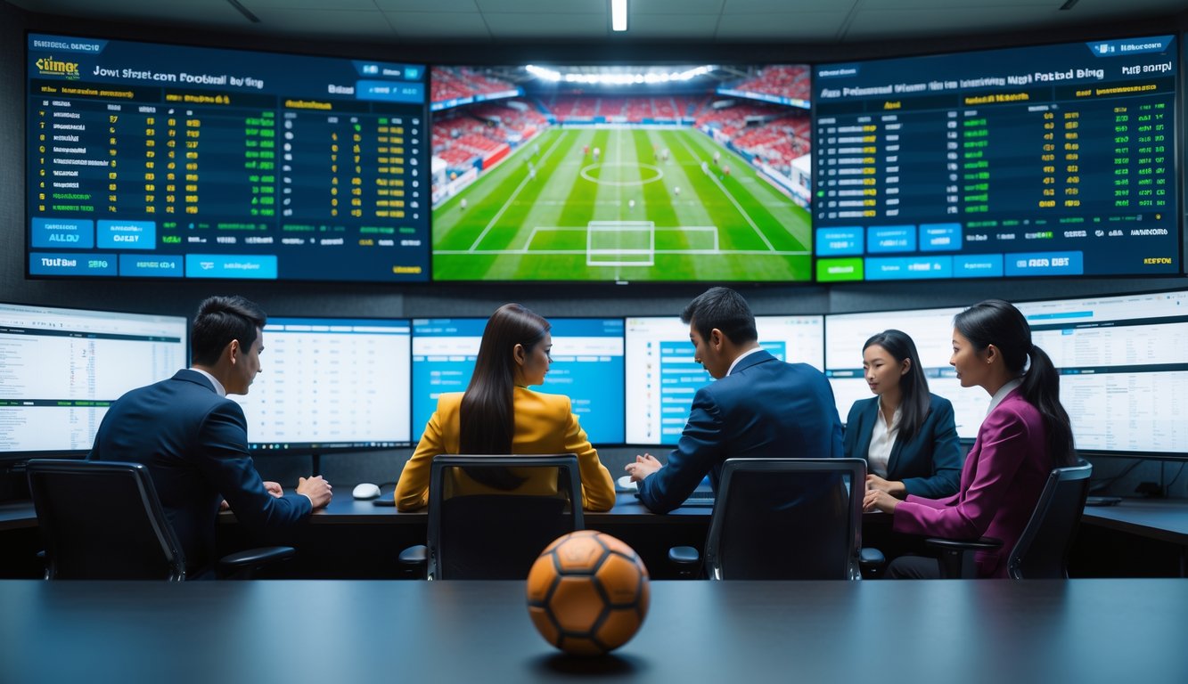 Orang-orang profesional sedang bekerja dengan layar komputer yang menampilkan statistik dan peluang taruhan sepak bola di kantor modern.