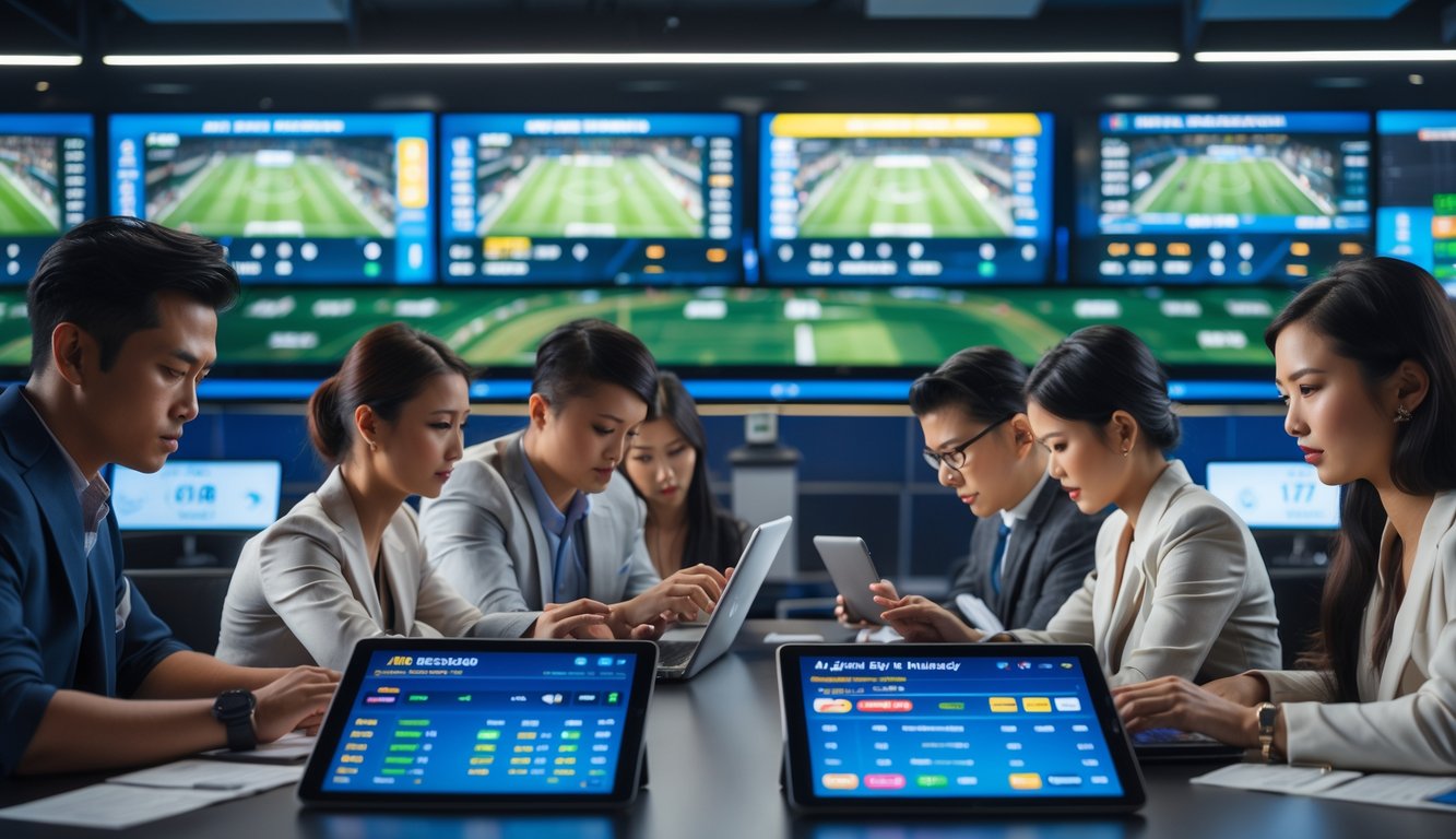 Orang-orang sedang melihat layar besar dan menggunakan perangkat digital di tempat taruhan olahraga dengan pertandingan sepak bola di latar belakang.