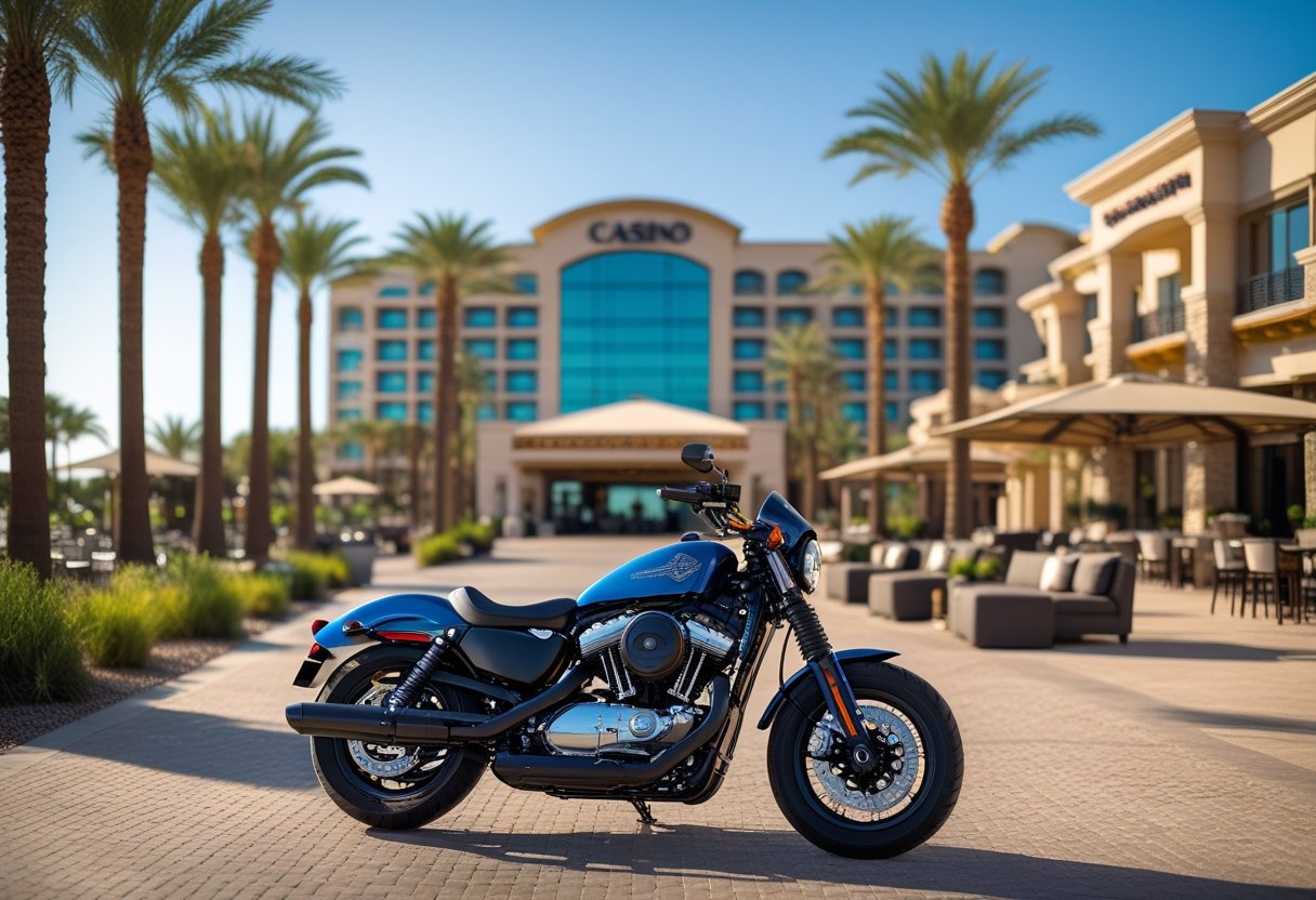 A motorcycle parked in front of a resort building with casino-themed decorations