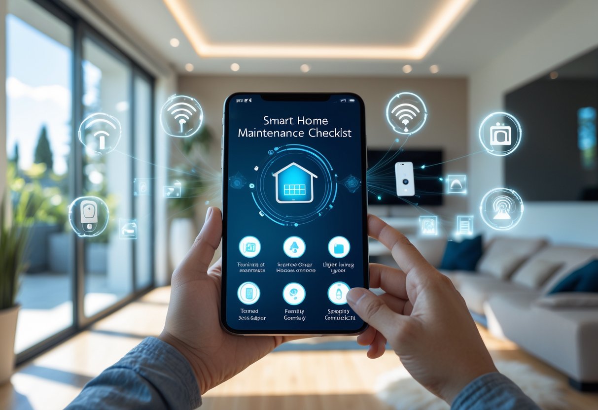 A person holding a tablet displaying smart home device icons in a modern living room with visible smart thermostat and security camera.