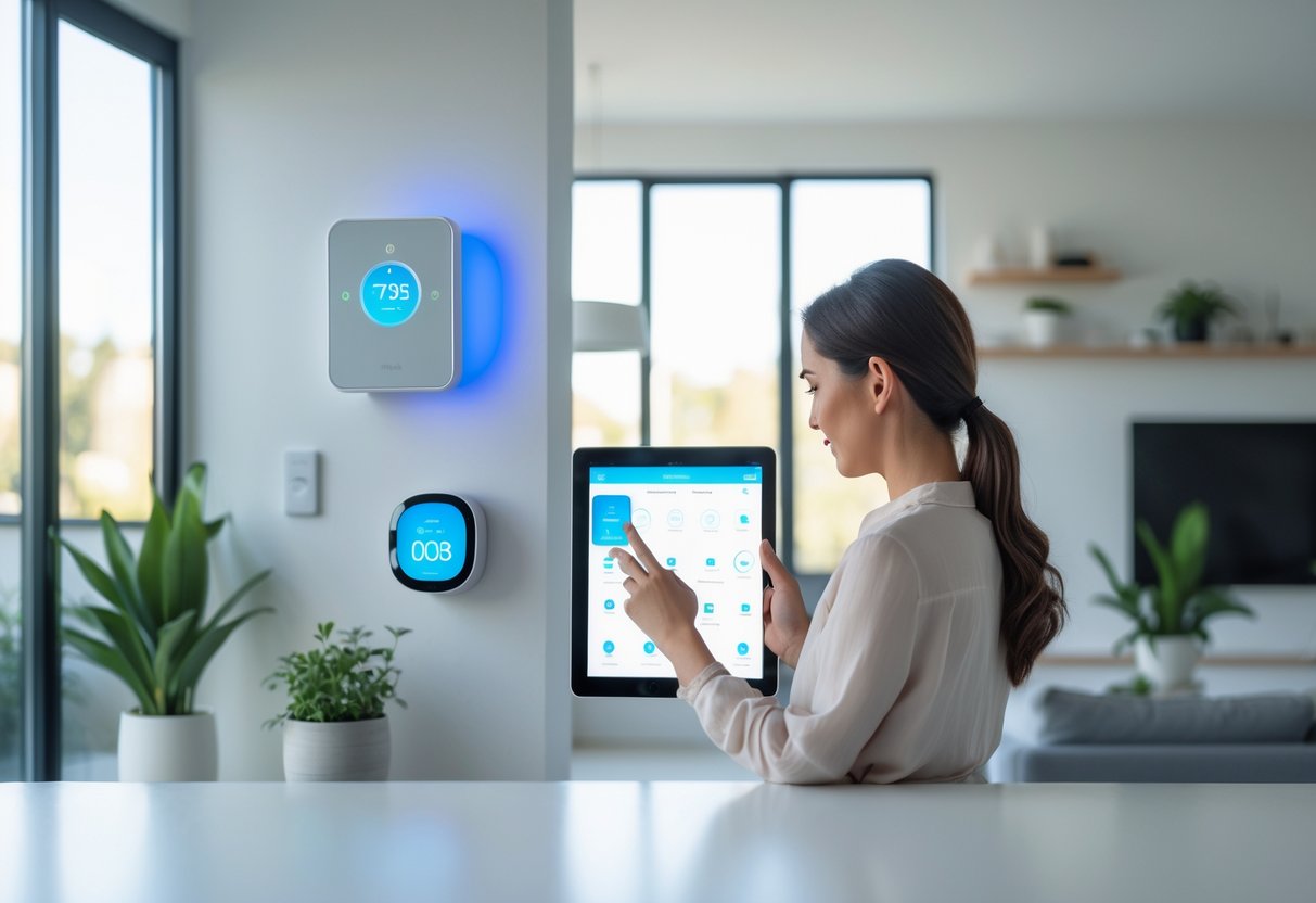 Person using a tablet to manage smart home devices in a modern living room with smart thermostat and lighting visible.
