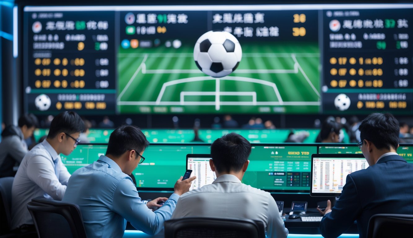 Orang-orang sedang memasang taruhan sepak bola di sebuah tempat taruhan olahraga dengan layar digital besar menampilkan statistik pertandingan dan peluang taruhan.