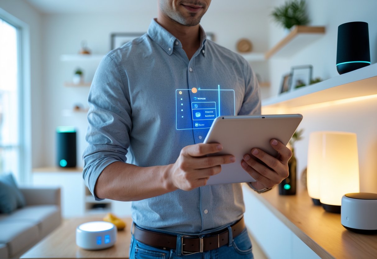 Person checking a tablet in a living room with smart home devices like a thermostat and speaker visible.