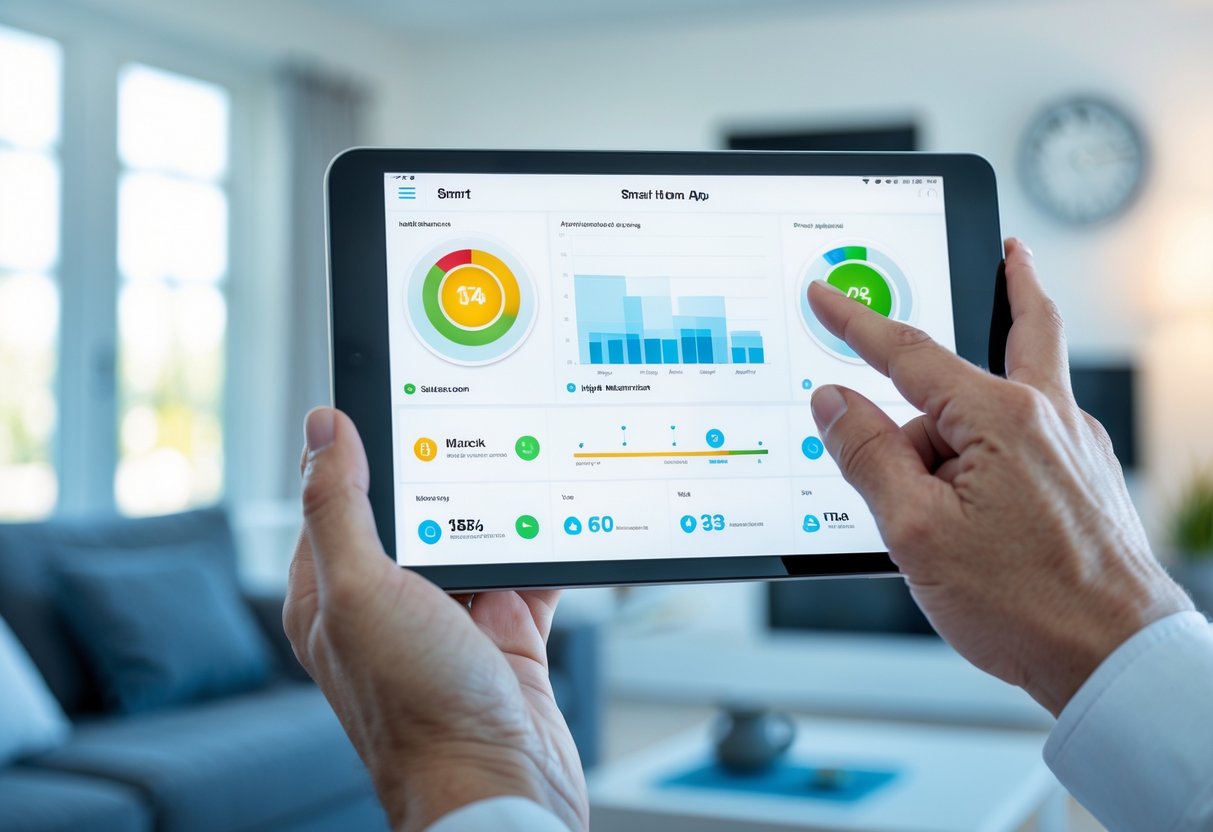 Person using a tablet to manage smart home devices with visible update progress, in a modern living room with smart technology.