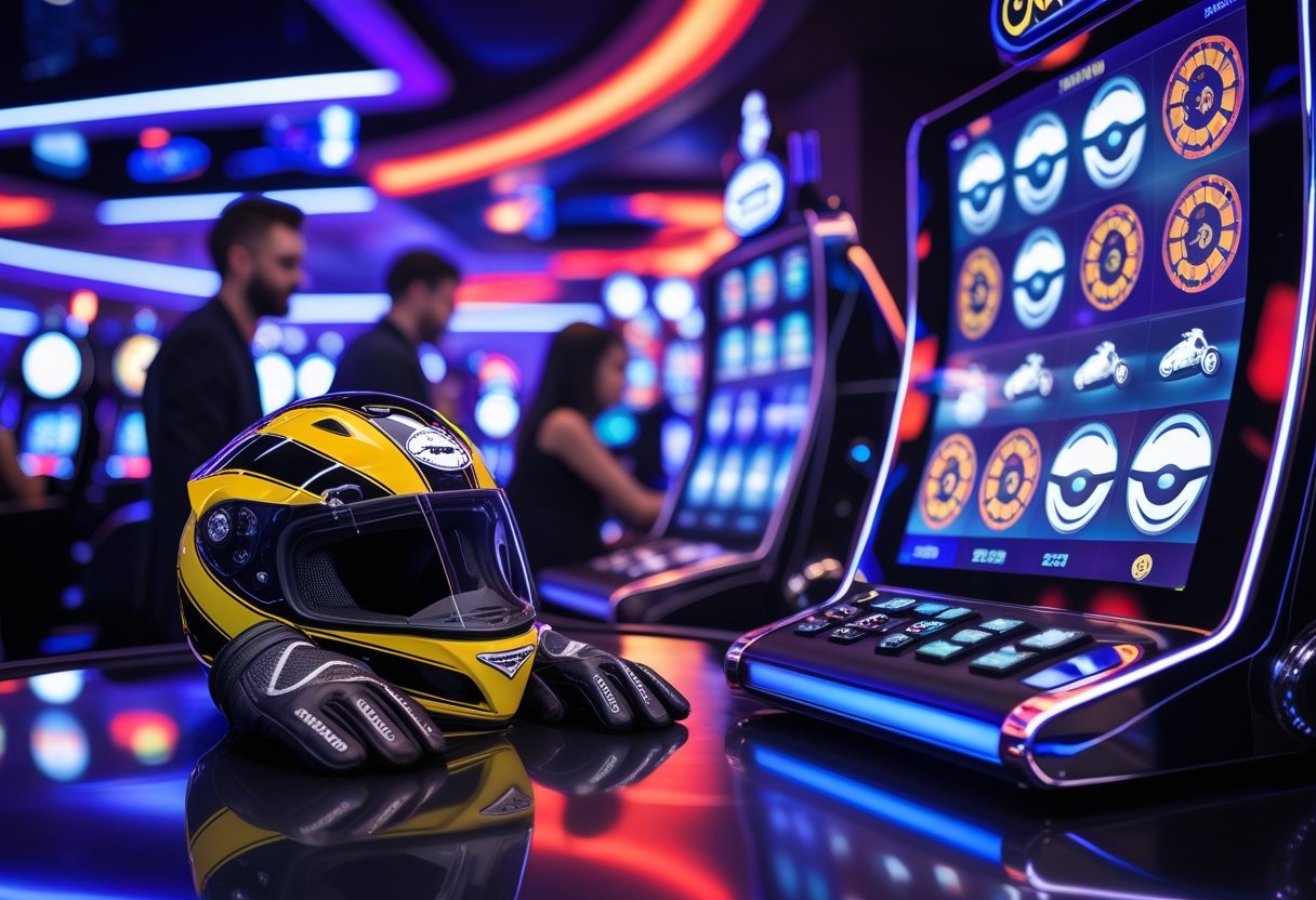 A casino interior with neon lights showing a motorbike helmet and gloves on a table next to a slot machine screen displaying motorbike-themed symbols.