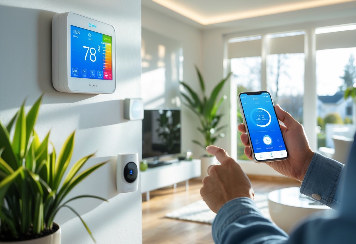 A person adjusting a smart thermostat with a smartphone in a bright living room equipped with smart home devices.