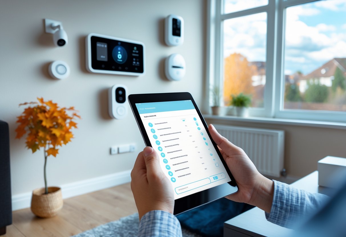 Person holding a tablet with smart home devices visible in a living room, indicating home maintenance activities.