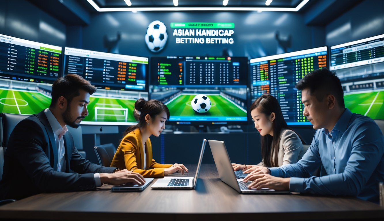 Beberapa orang sedang melihat layar komputer dan ponsel yang menampilkan statistik dan peluang taruhan sepak bola Asian Handicap.