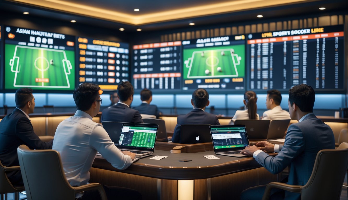 Beberapa orang menonton pertandingan sepak bola di layar besar dengan suasana ruang taruhan olahraga modern.