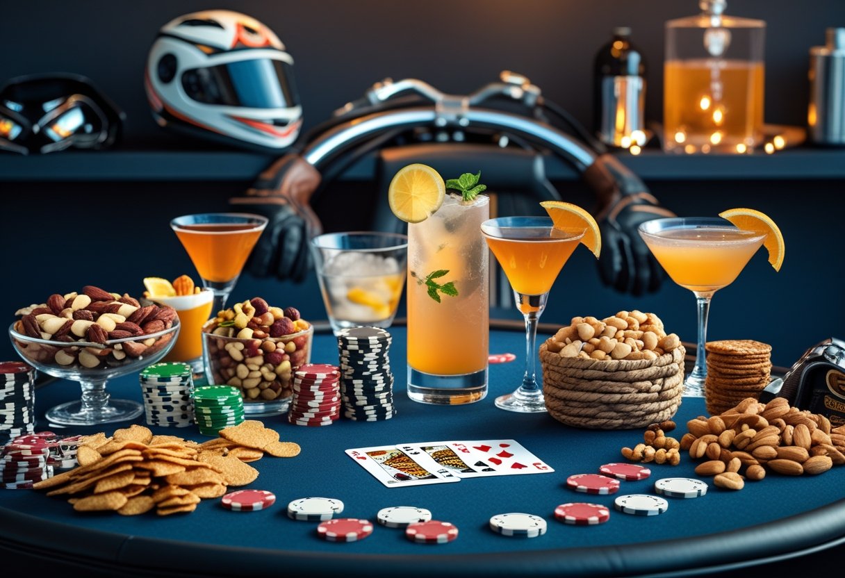 A casino table with poker chips, playing cards, snacks, and drinks surrounded by motorbike helmets and accessories.