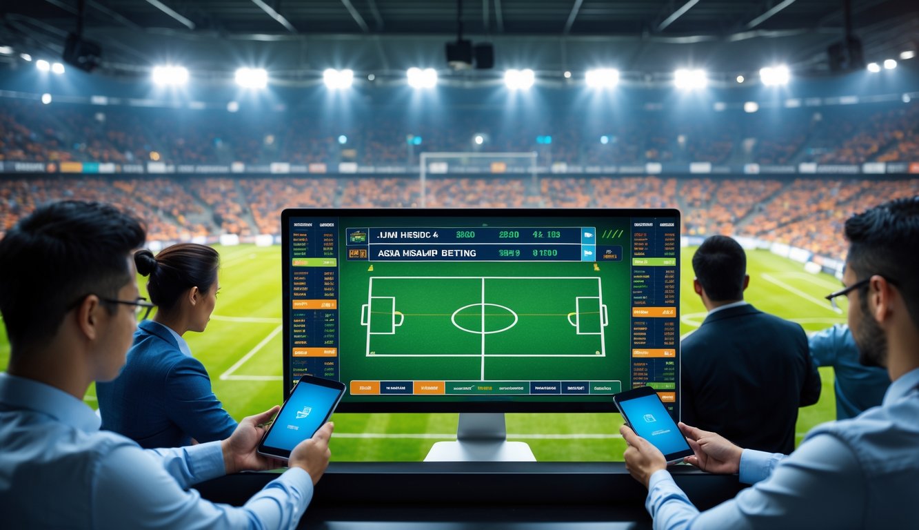 Orang-orang sedang memasang taruhan sepak bola dengan layar digital yang menampilkan peluang dan handicap Asia, di latar belakang stadion sepak bola penuh penonton.