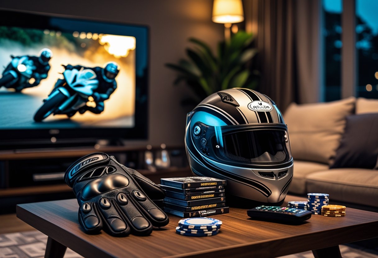 A living room with a motorbike helmet and gloves on a coffee table next to movie DVDs, a TV showing a motorbike chase scene, and casino items like poker chips nearby.