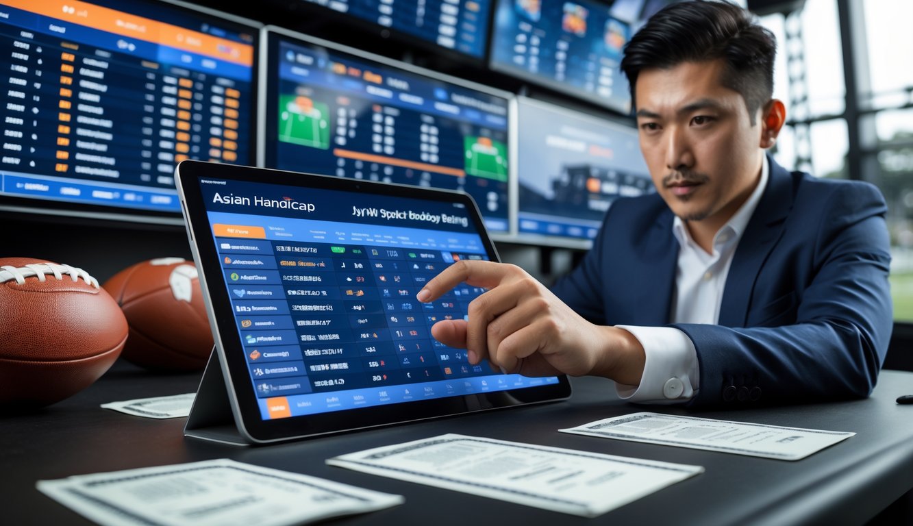 Seorang pria sedang melihat layar digital dengan data taruhan sepak bola di lingkungan bandar bola modern.