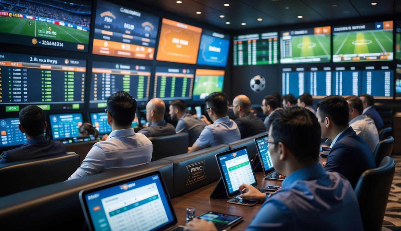 Orang-orang sedang menonton pertandingan sepak bola dan memasang taruhan secara langsung di sebuah ruang taruhan olahraga.